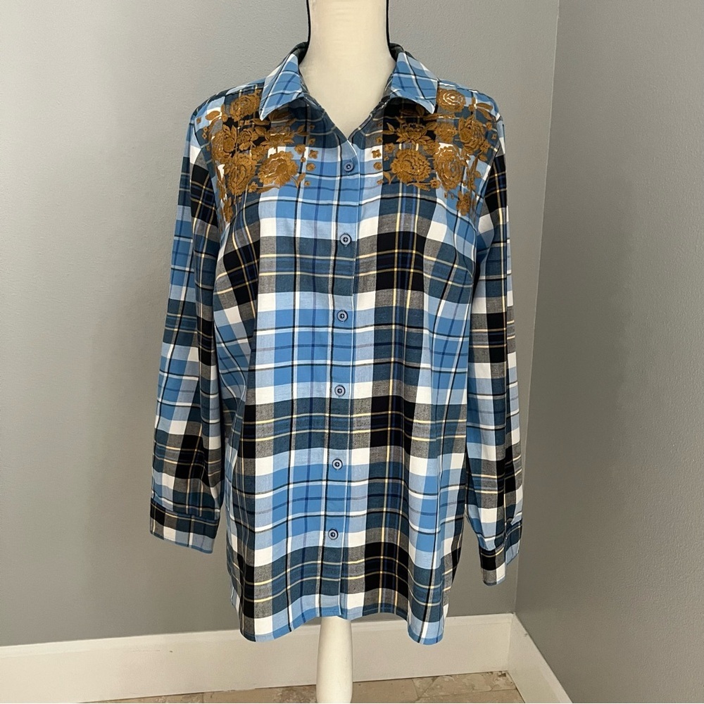 Denim & Co. Stretch Weave Long-Sleeve Plaid Shirt with Gold Embroidery